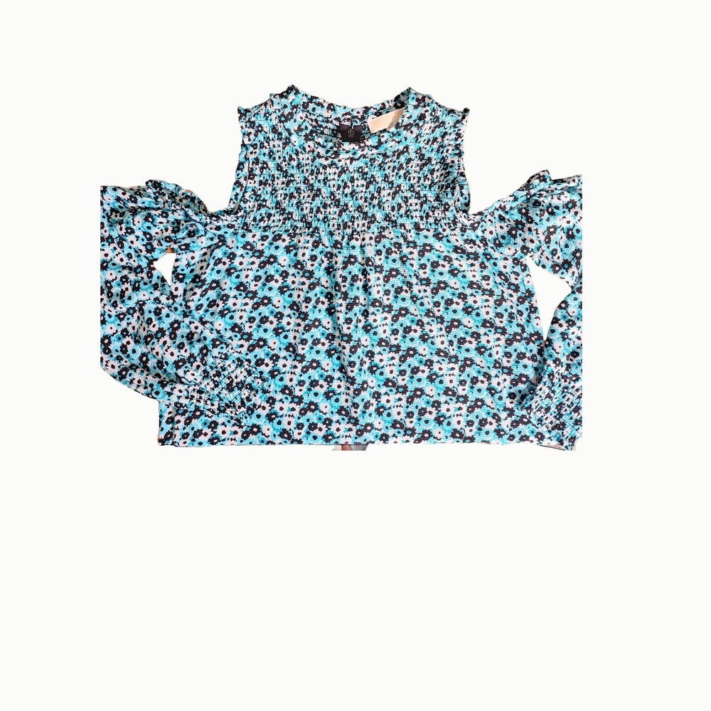 Michael Kors Blue Black Floral Smocked Top Crew neck Women's Size M - Picture 4 of 6